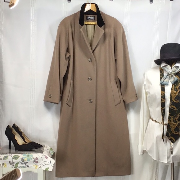 🖤 LARRY LEVINE Tan 💯% Wool Black Velvet Collar Single Breasted Dress Coat - Picture 1 of 14